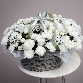 Композиция в корзине "Снежная лавина" из хризантем в Протвино